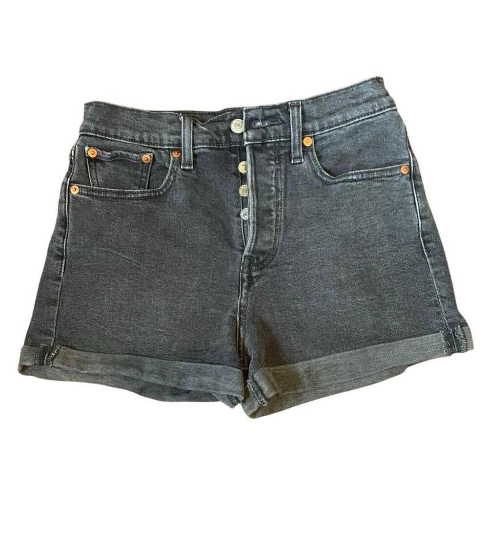 Levi's Black Denim Jean Shorts W Size 27 Button Fly Cuffed Leather Tag Stretch